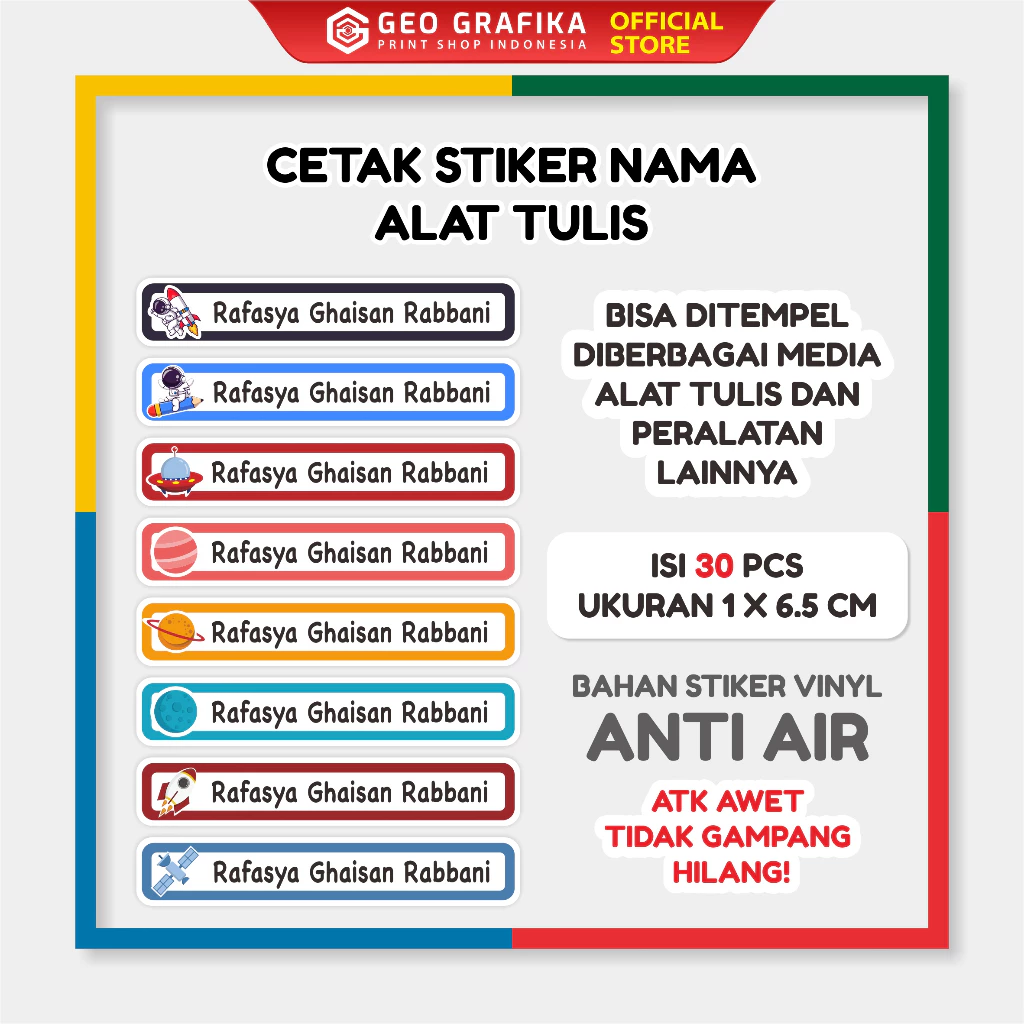 Stiker Nama Alat Tulis Anak Waterproof Anti Air Isi 30 pcs