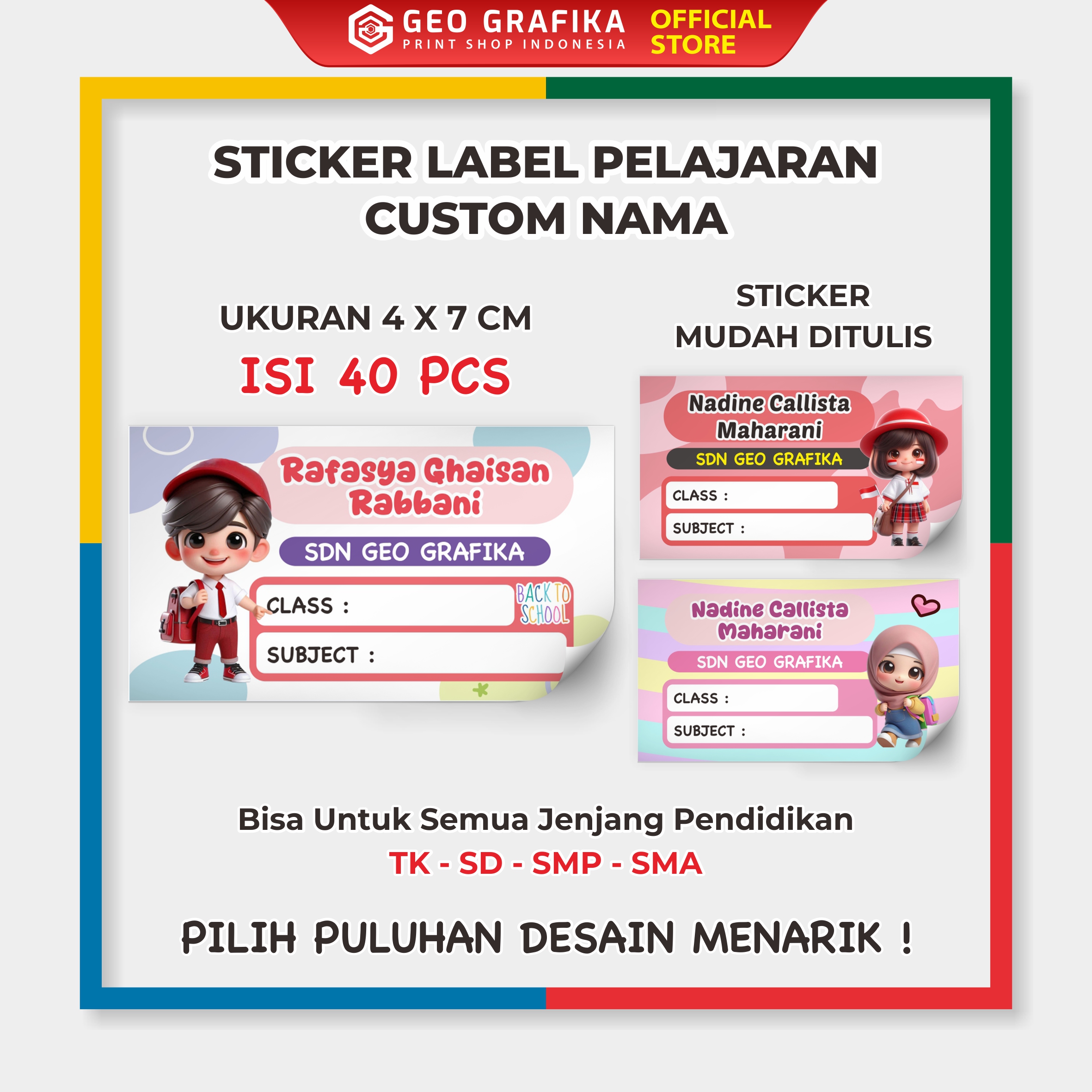 Stiker Label Buku Pelajaran Custom Nama dan Sekolah - Geo Grafika
