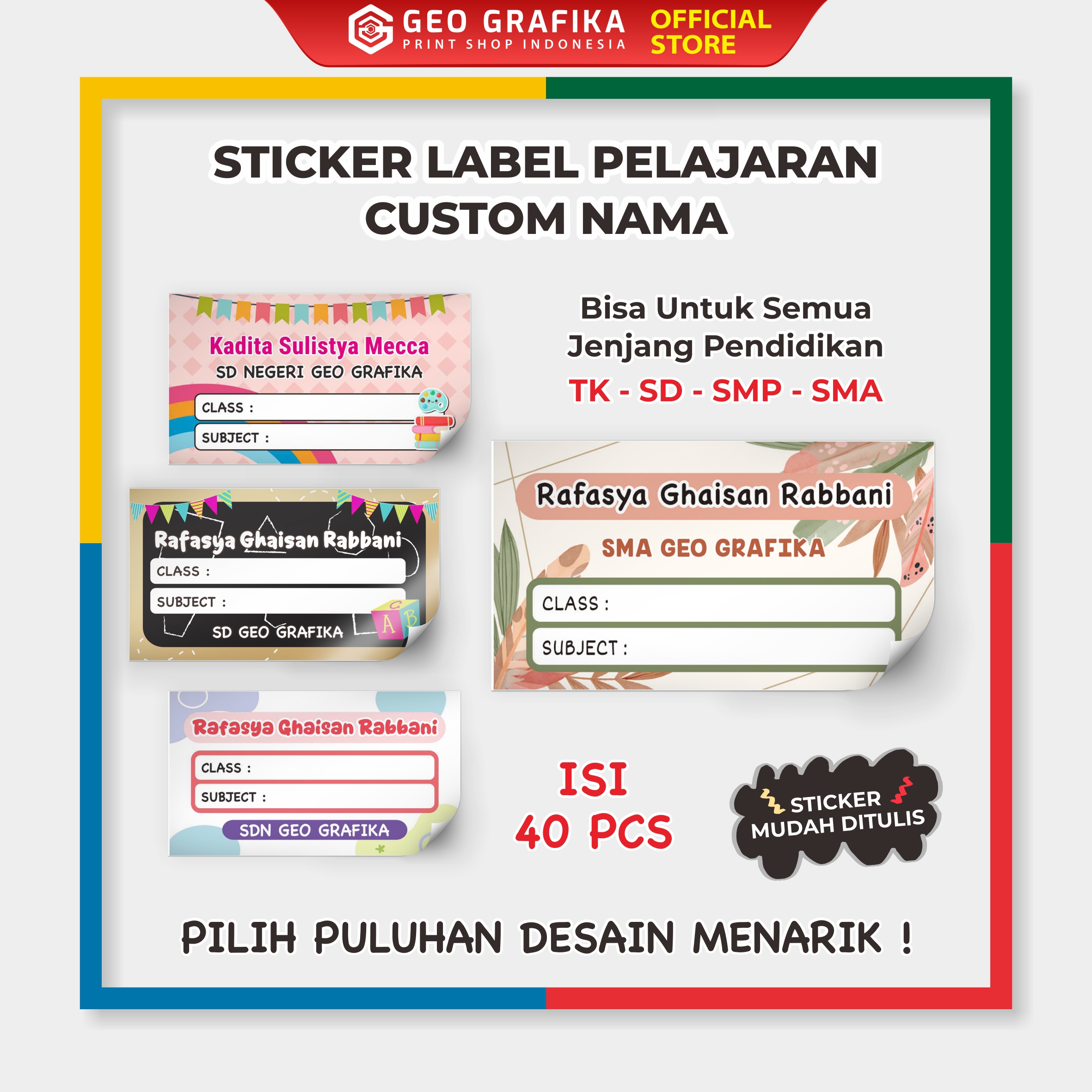 Stiker Label Buku Pelajaran Custom Nama dan Sekolah - Geo Grafika
