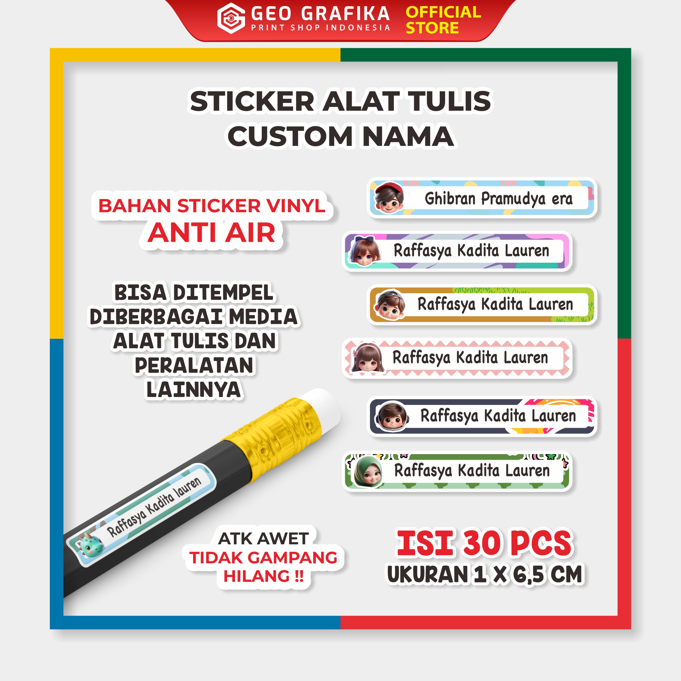 Stiker Nama Alat Tulis Anak Waterproof Anti Air Isi 30 pcs - Geo Grafika