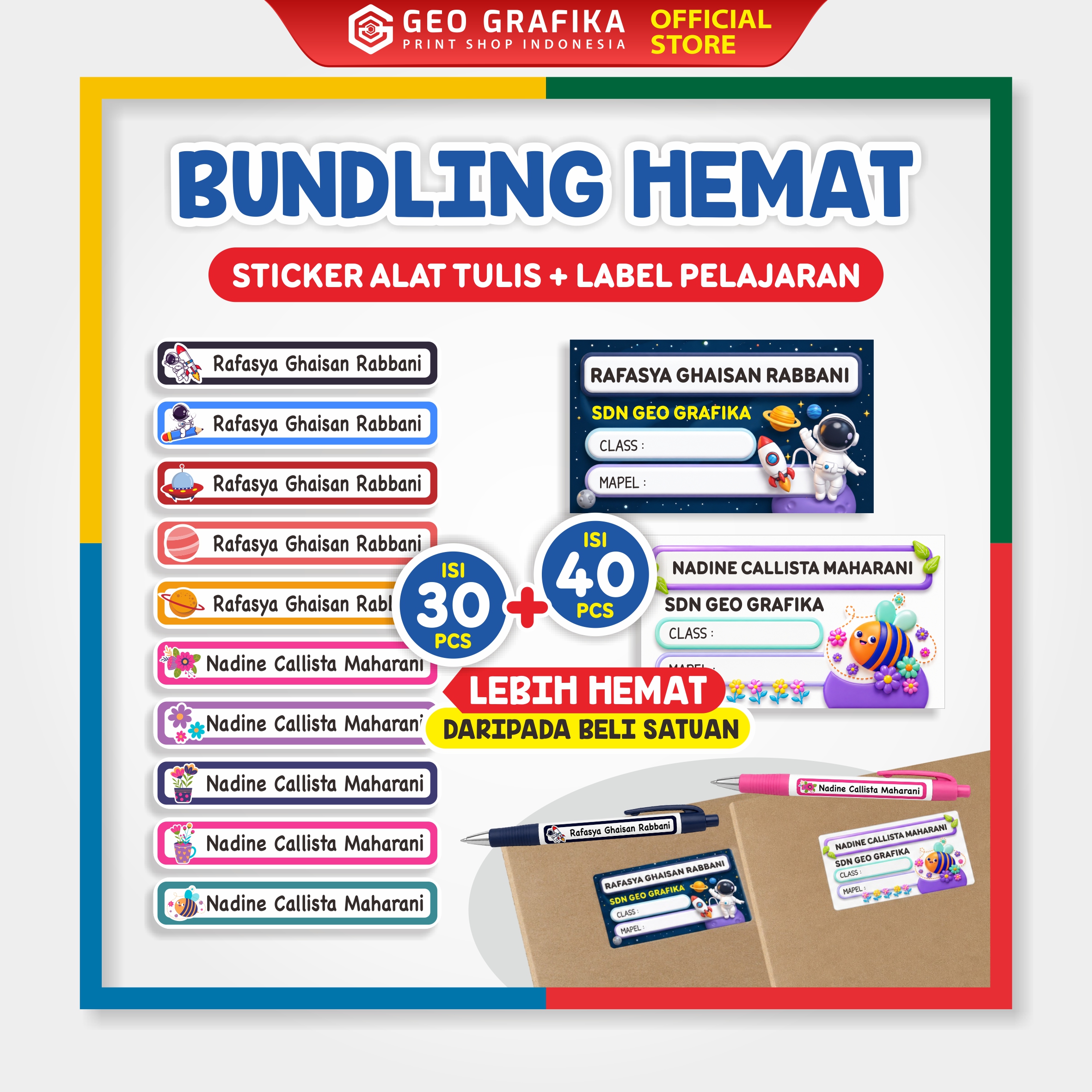 Bundling Hemat Stiker Label Pelajaran - Stiker Alat Tulis Waterproof Custom Nama - Geo Grafika