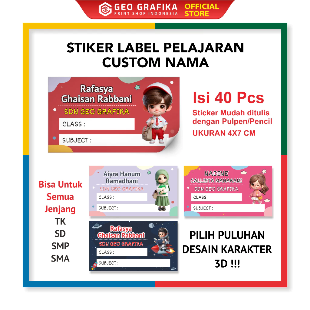 Stiker Label Buku Pelajaran Custom Free Desain isi 40 pcs Karakter 3D
