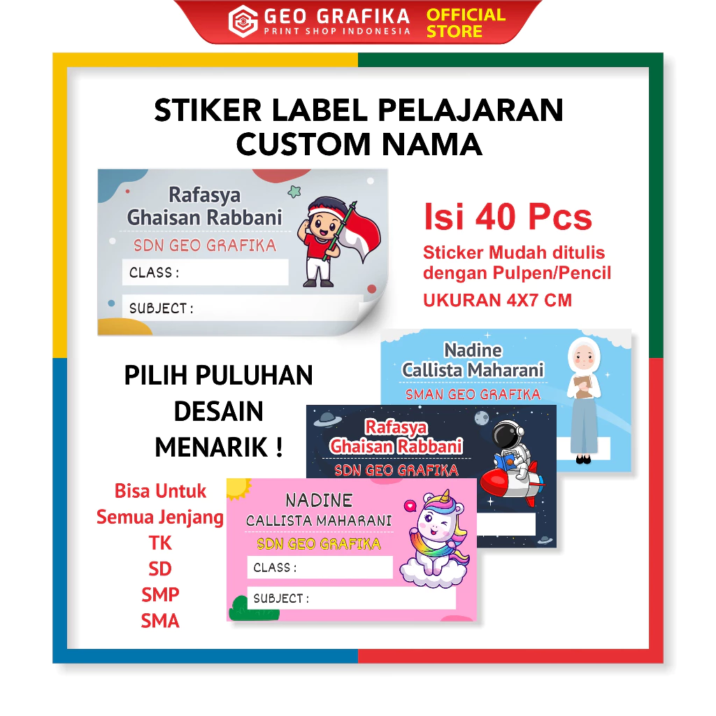 Stiker Label Buku Pelajaran Custom Free Desain isi 40 pcs