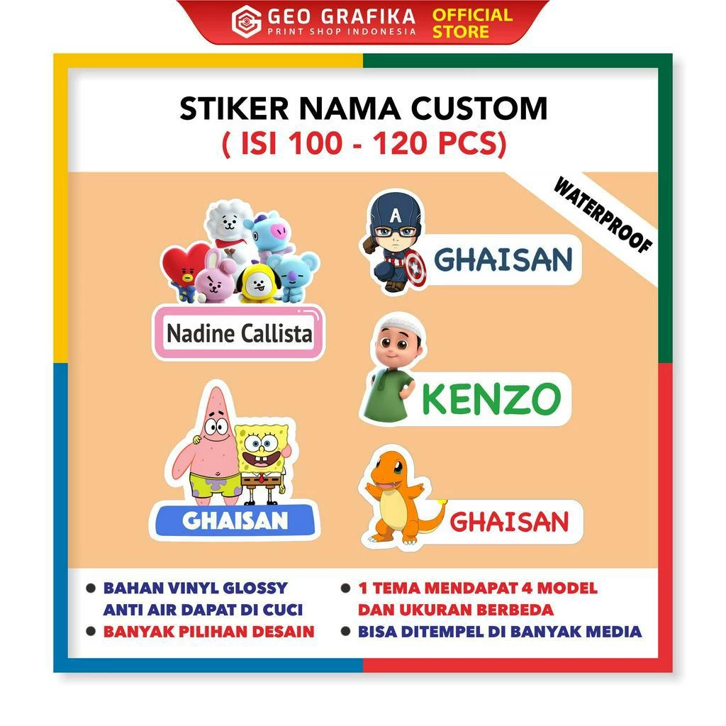 Stiker Nama Anak Custom Karakter Vinyl Waterproof isi 120 pcs