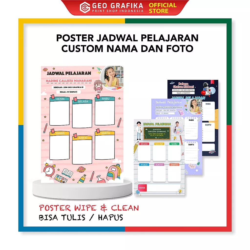 Poster Jadwal Pelajaran Custom Nama & Foto Wipe & Clean - Geo Grafika