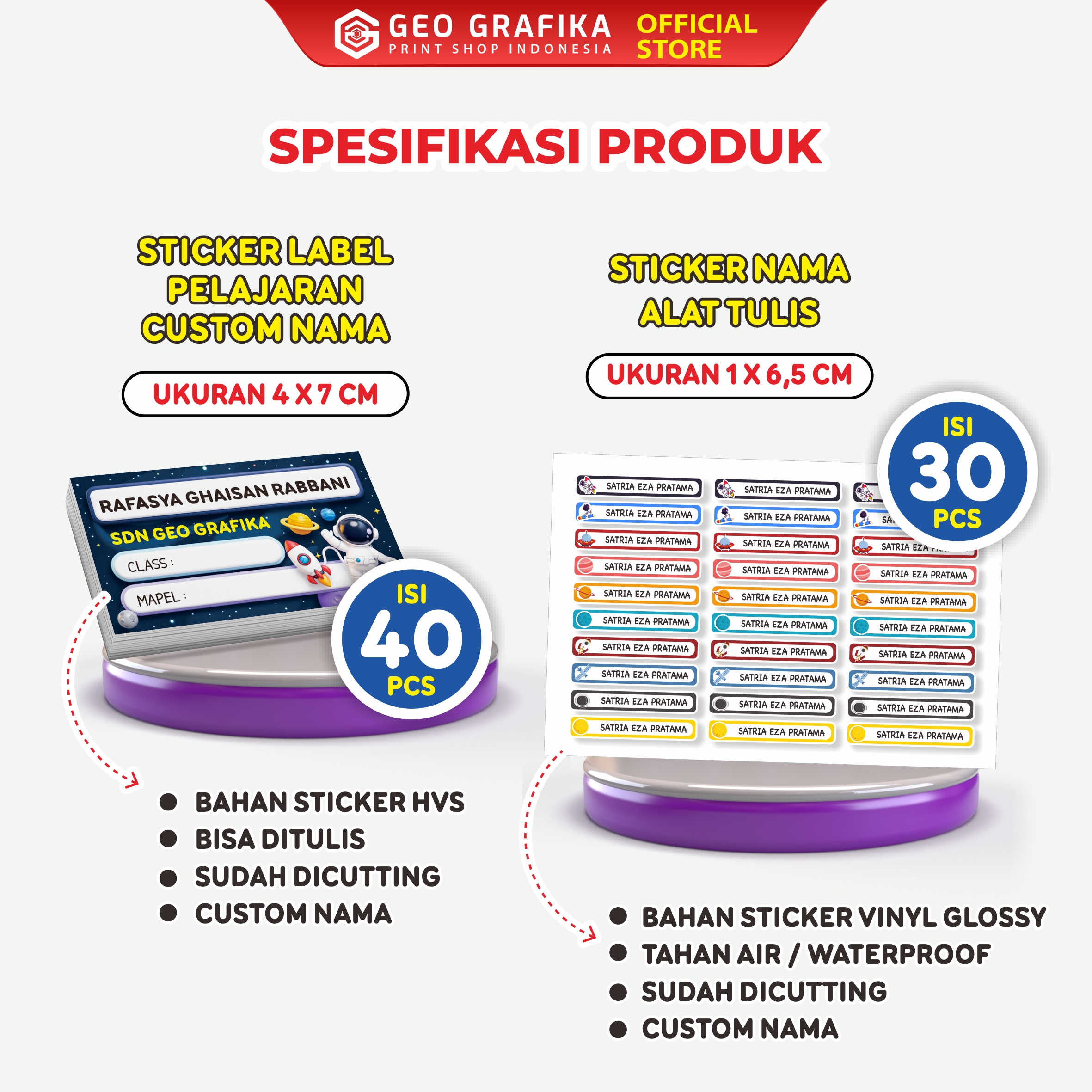 Bundling Hemat Stiker Label Pelajaran - Stiker Alat Tulis Waterproof Custom Nama - Geo Grafika