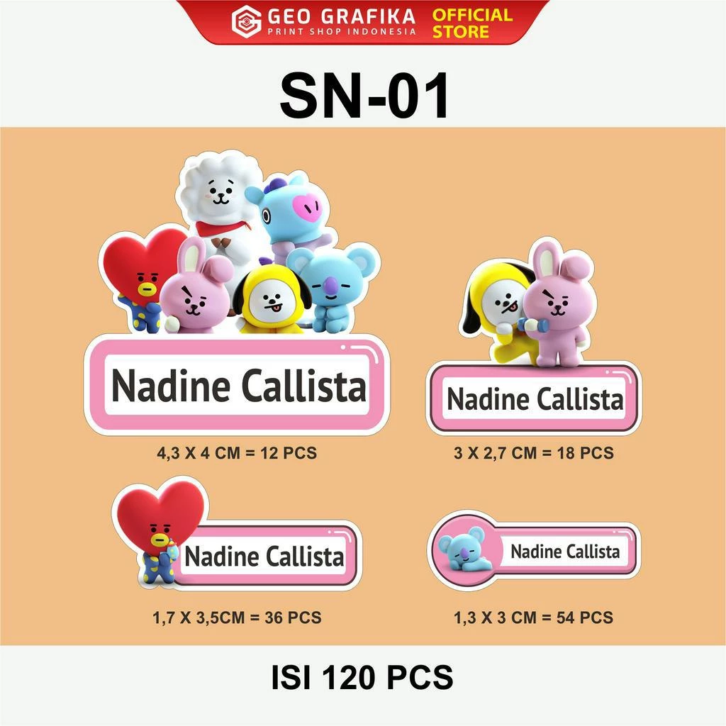 Stiker Nama Anak Custom Karakter Vinyl Waterproof isi 120 pcs
