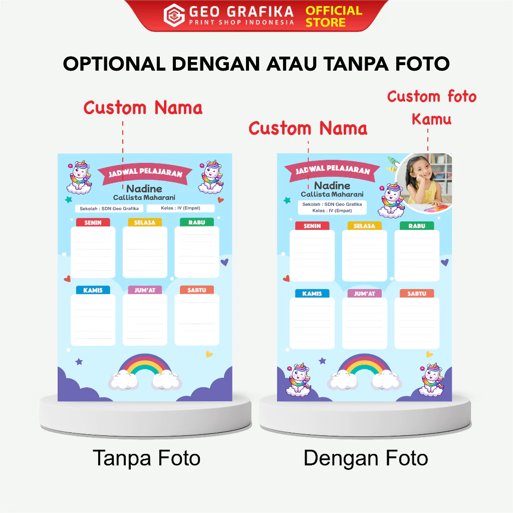Poster Jadwal Pelajaran Custom Nama & Foto Wipe & Clean - Geo Grafika