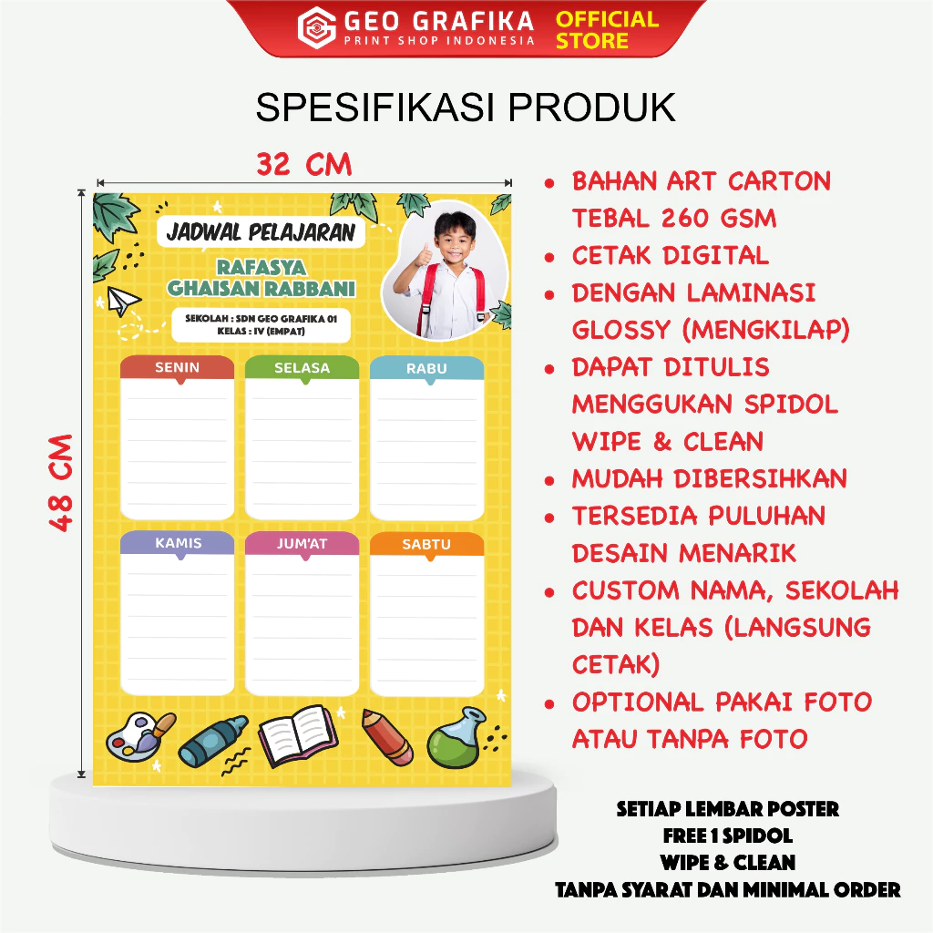 Poster Jadwal Pelajaran Custom Nama & Foto Wipe & Clean - Geo Grafika