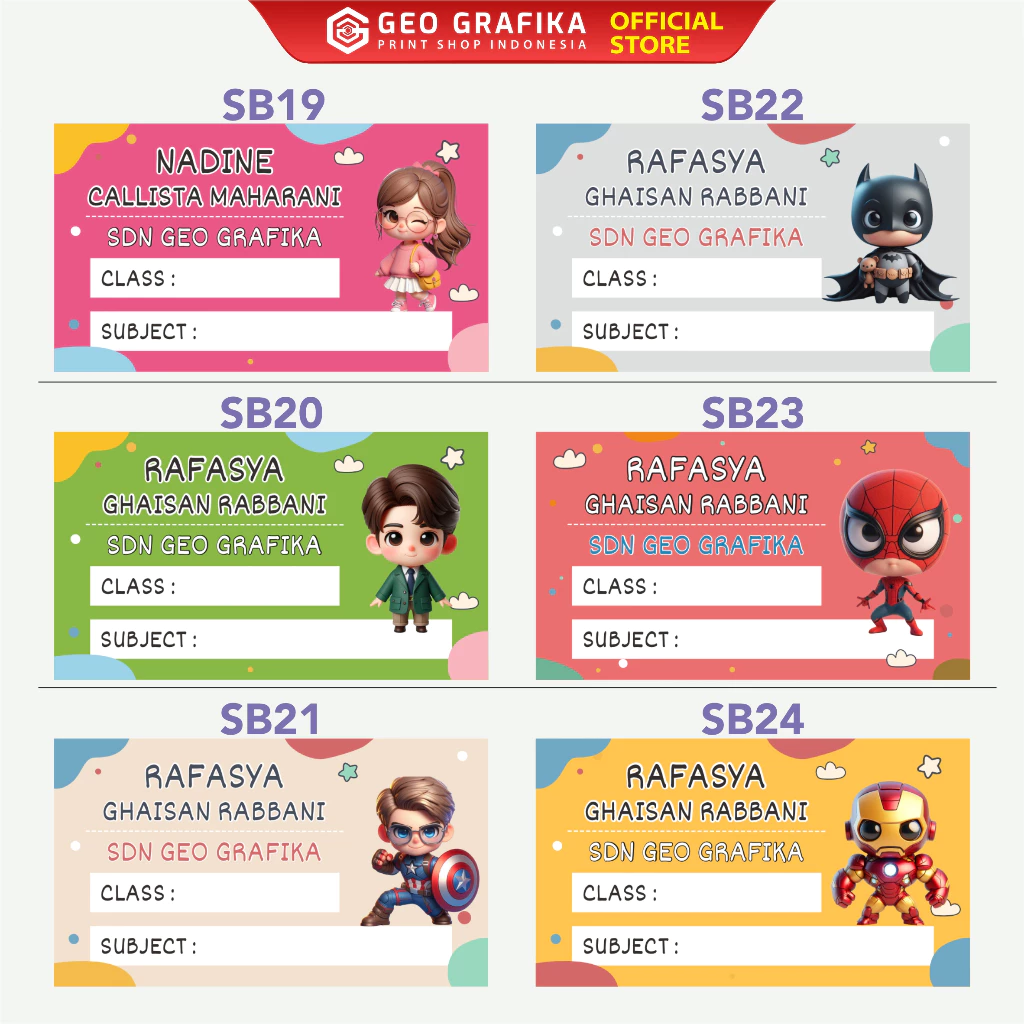 Stiker Label Buku Pelajaran Custom Free Desain isi 40 pcs Karakter 3D