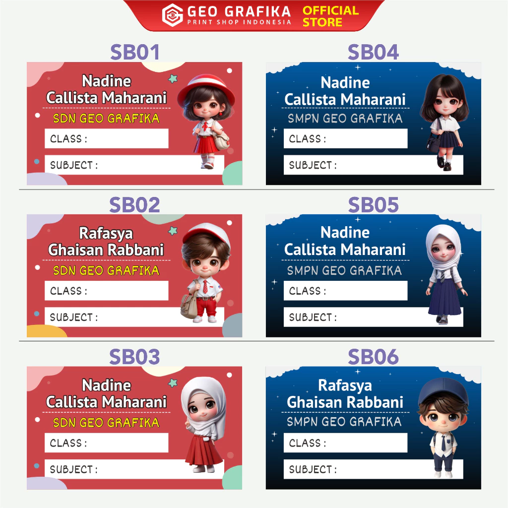Stiker Label Buku Pelajaran Custom Free Desain isi 40 pcs Karakter 3D