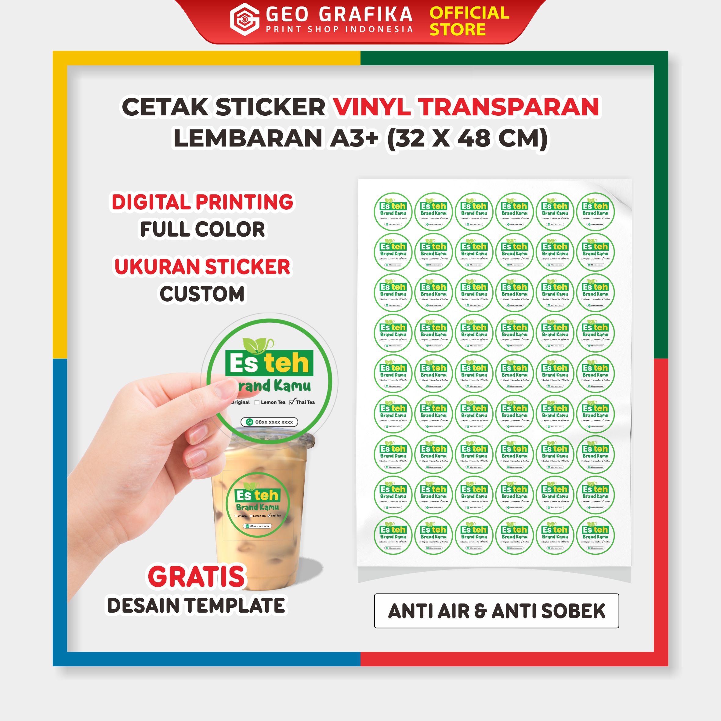Cetak Sticker Vinyl Transparan Lembaran A3+ Digital Printing Full Color - Geo Grafika
