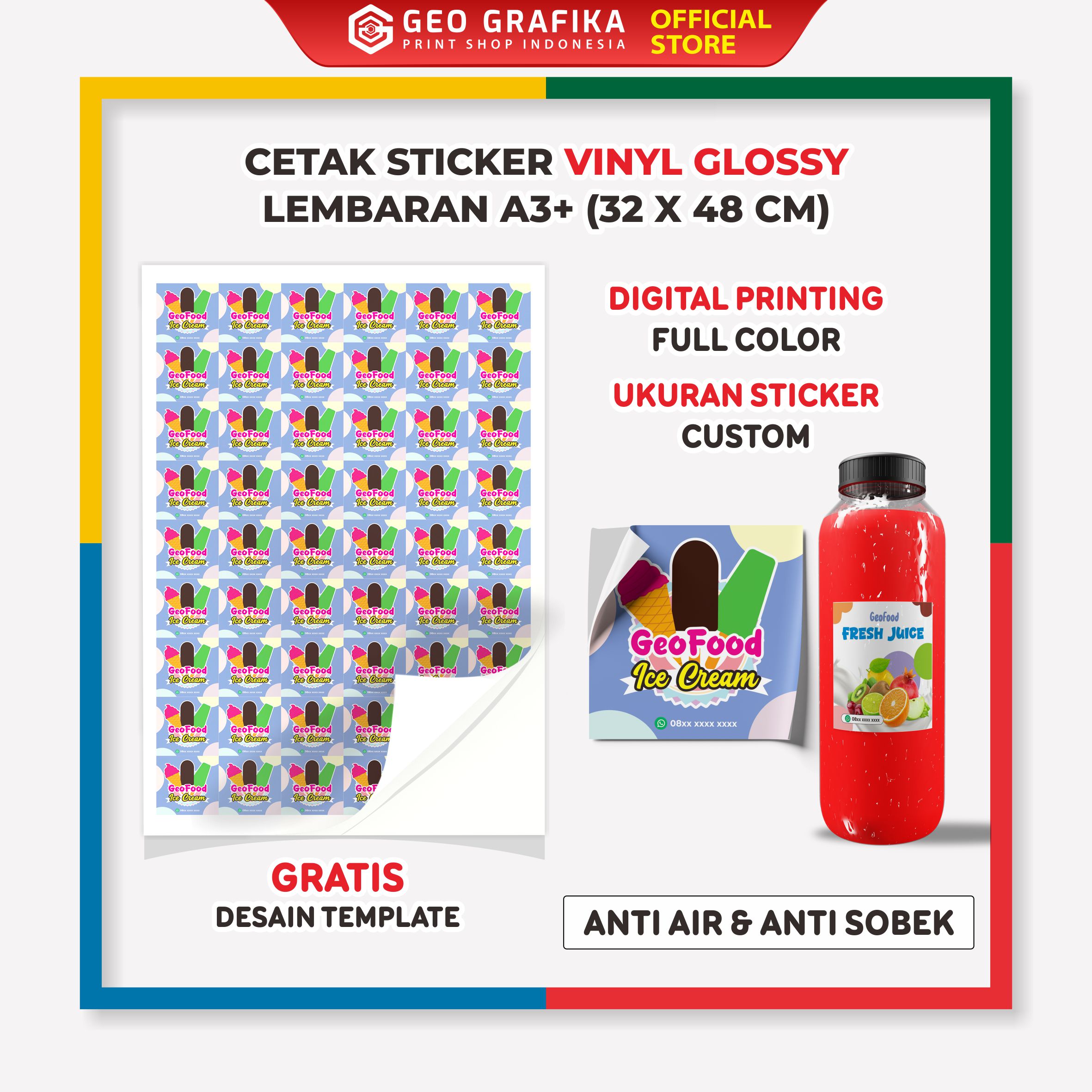 Cetak Sticker Vinyl Glosy Lembaran A3+ Digital Printing Full Color - Geo Grafika