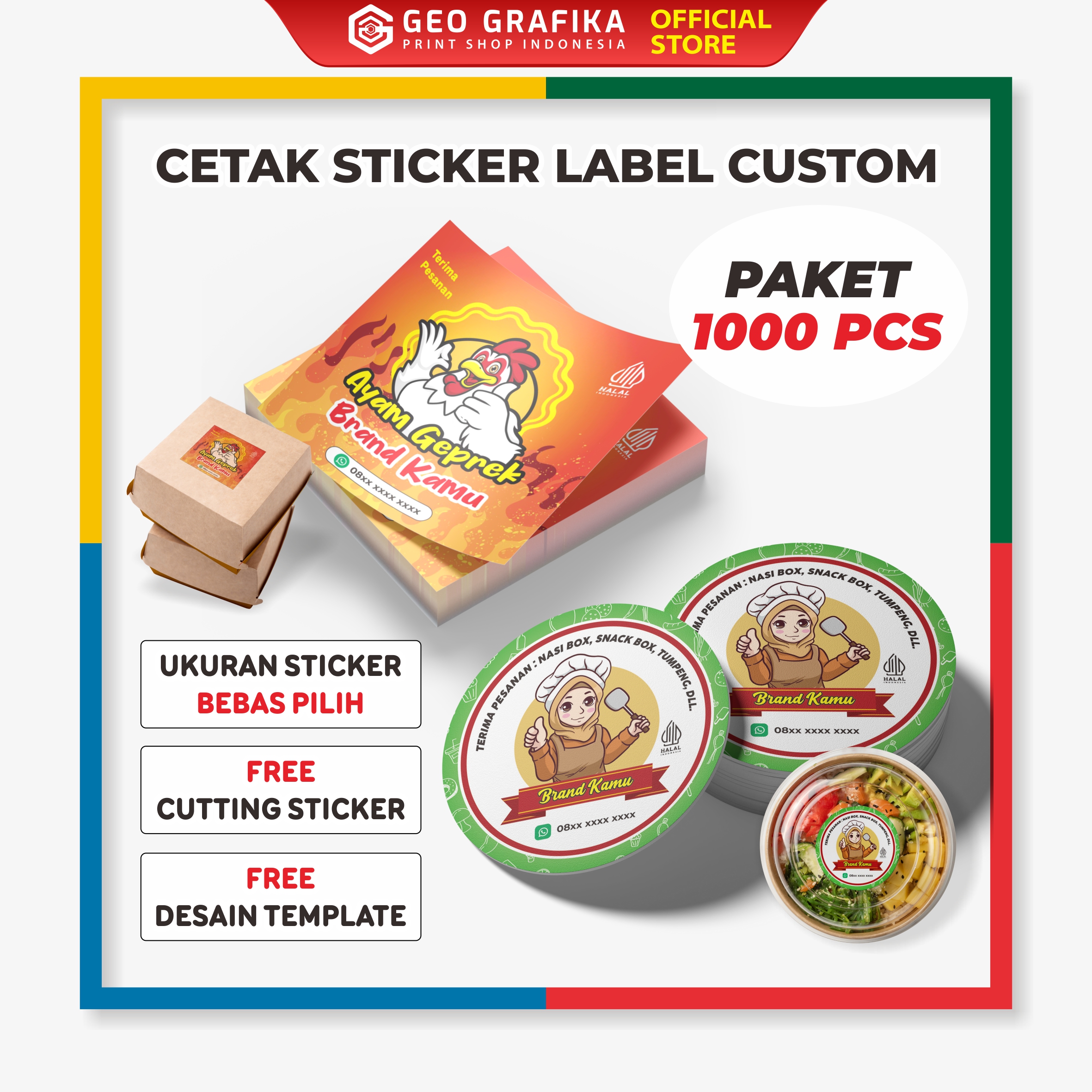 Paket 1000 Pcs | Cetak Stiker Label Custom Desain - Geo Grafika