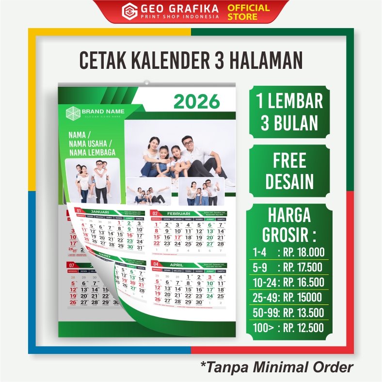 Cetak Kalender Dinding 3 Halaman Custom Tahun 2026 - Geo Grafika