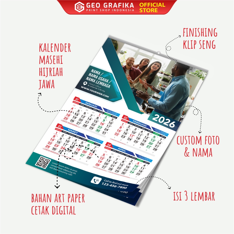 Cetak Kalender Dinding 3 Halaman Custom Tahun 2026 - Geo Grafika