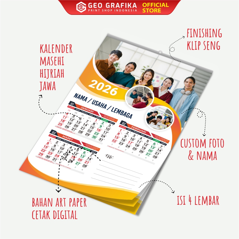 Cetak Kalender Dinding 4 Halaman Custom Tahun 2026 - Geo Grafika