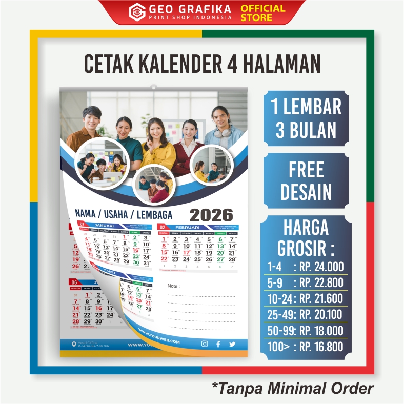 Cetak Kalender Dinding 4 Halaman Custom Tahun 2026 - Geo Grafika