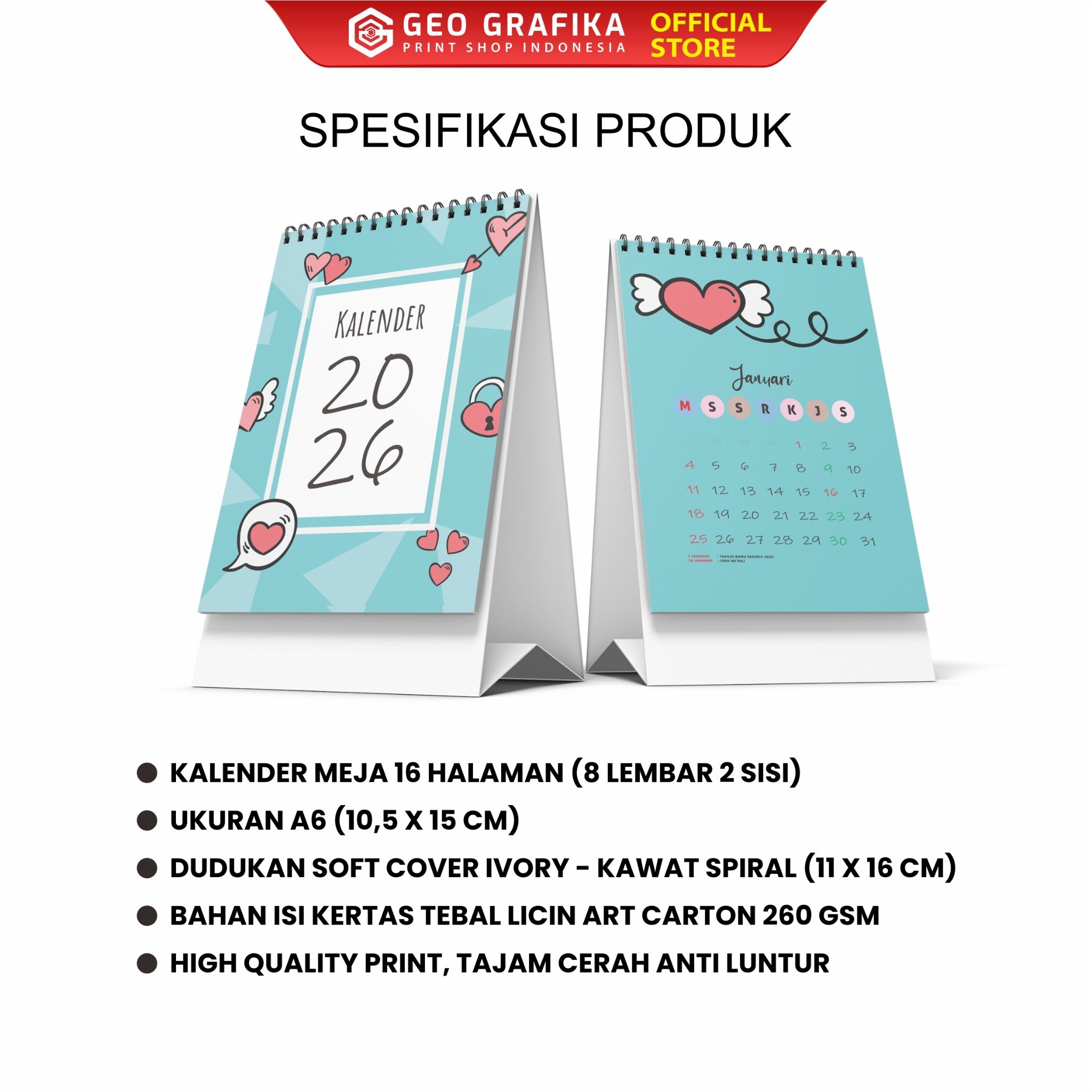 Kalender Meja Ukuran A6 16 halaman 2026 - Geo Grafika