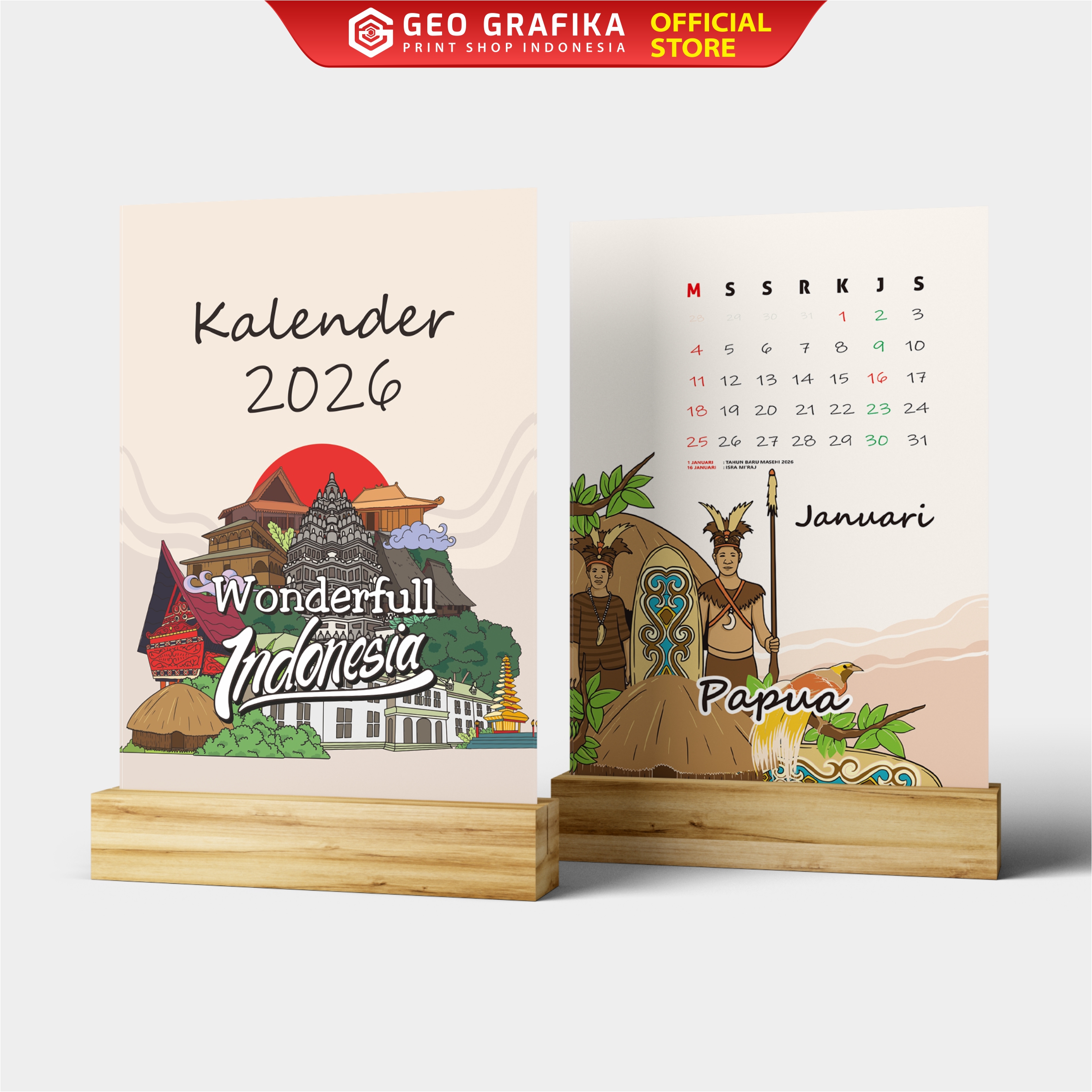 Kalender Meja Stand Kayu ukuran A6 2026 - Geo Grafika