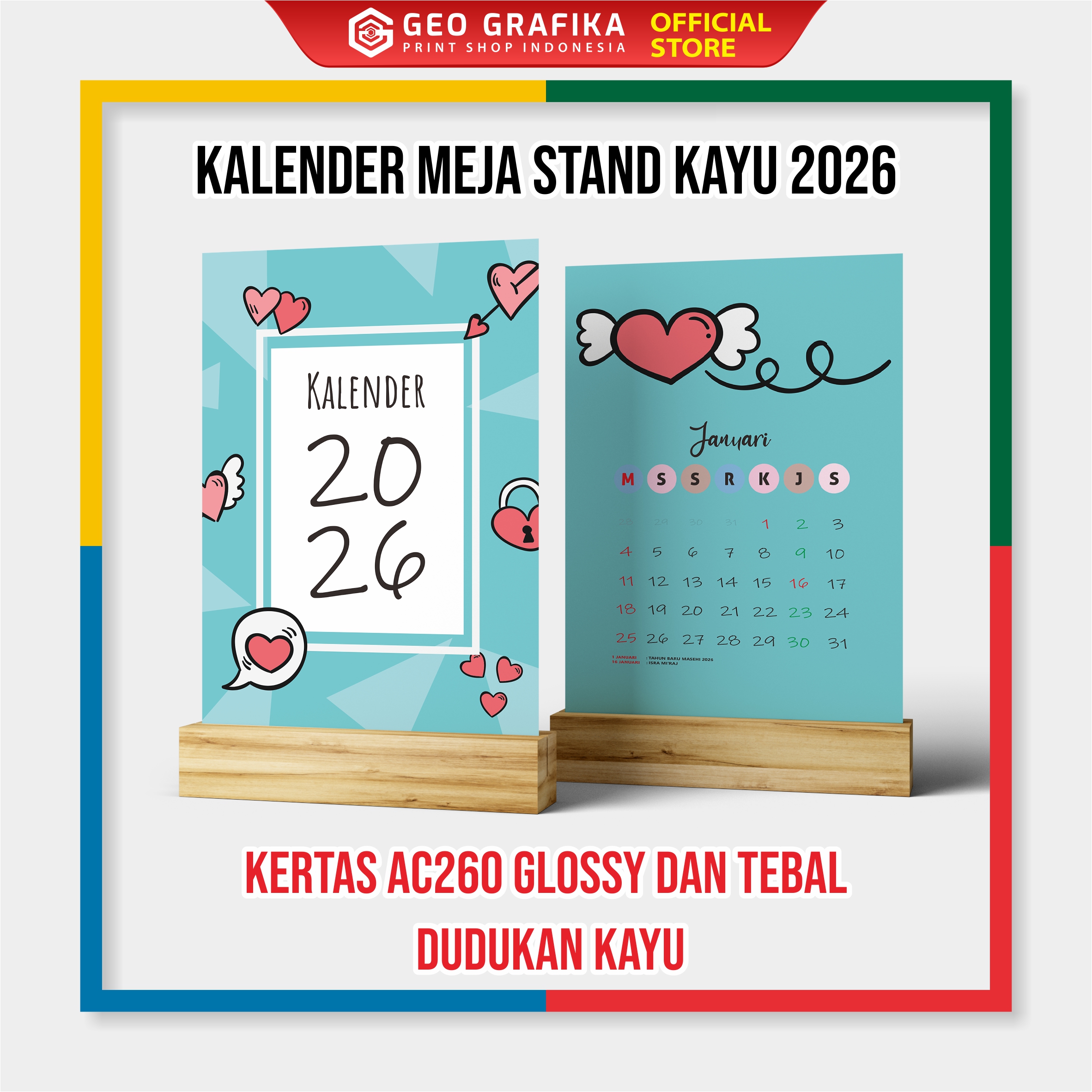 Kalender Meja Stand Kayu ukuran A6 2026 - Geo Grafika