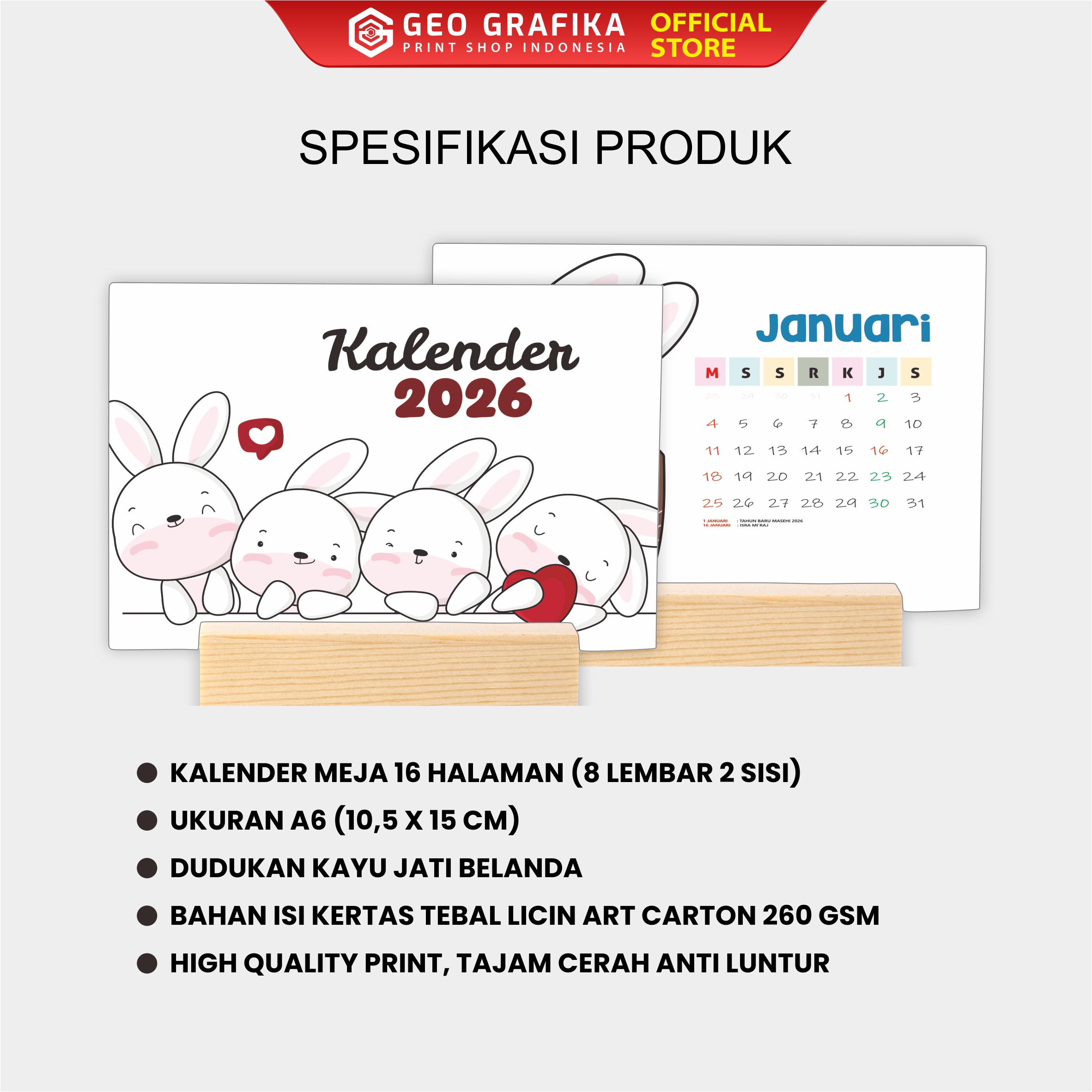 Kalender Meja Stand Kayu ukuran A6 2026 - Geo Grafika