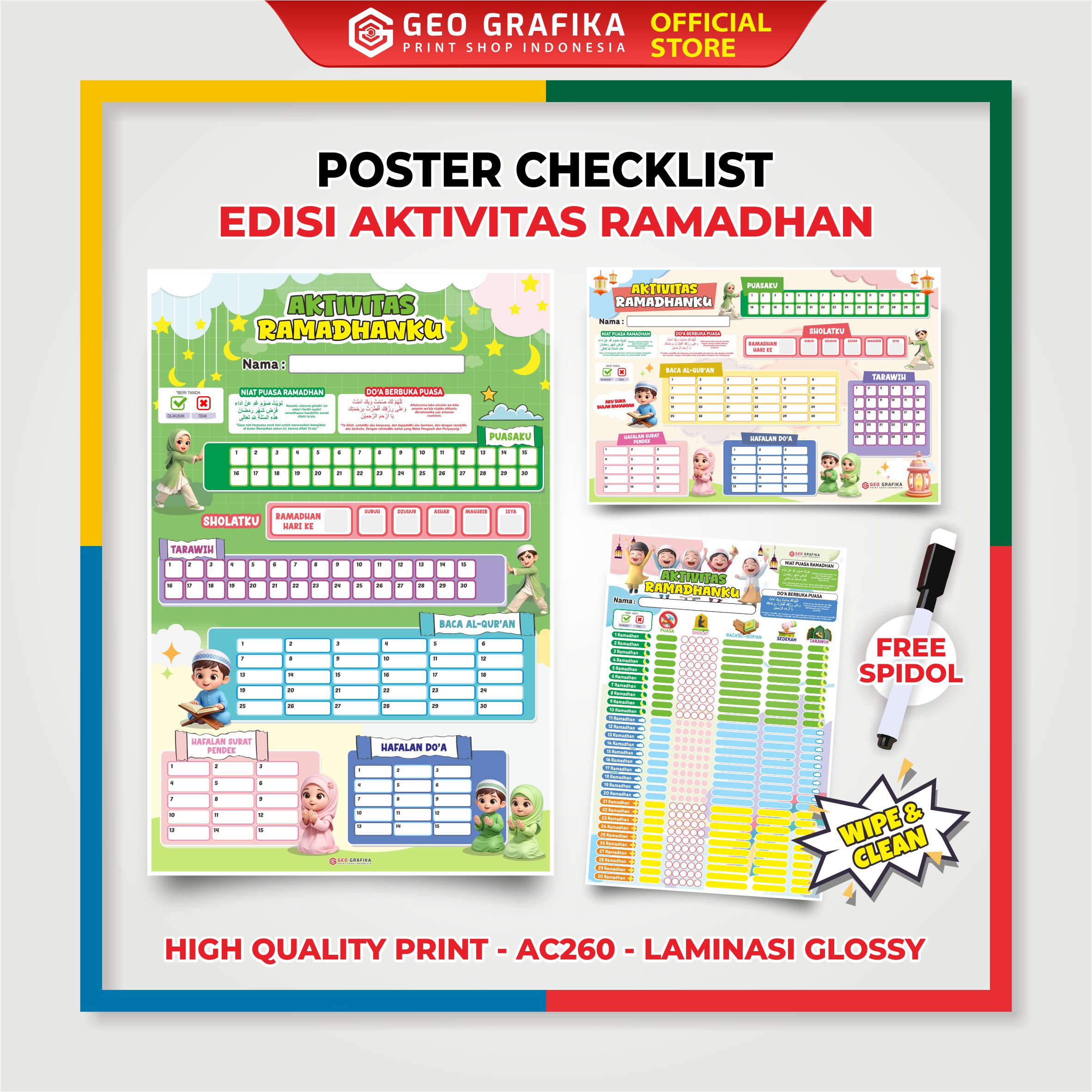 Poster Ceklis Aktivitas Ramadhan Anak | Wipe & Clean | Edukatif Islami | Free Spidol - GEO GRAFIKA