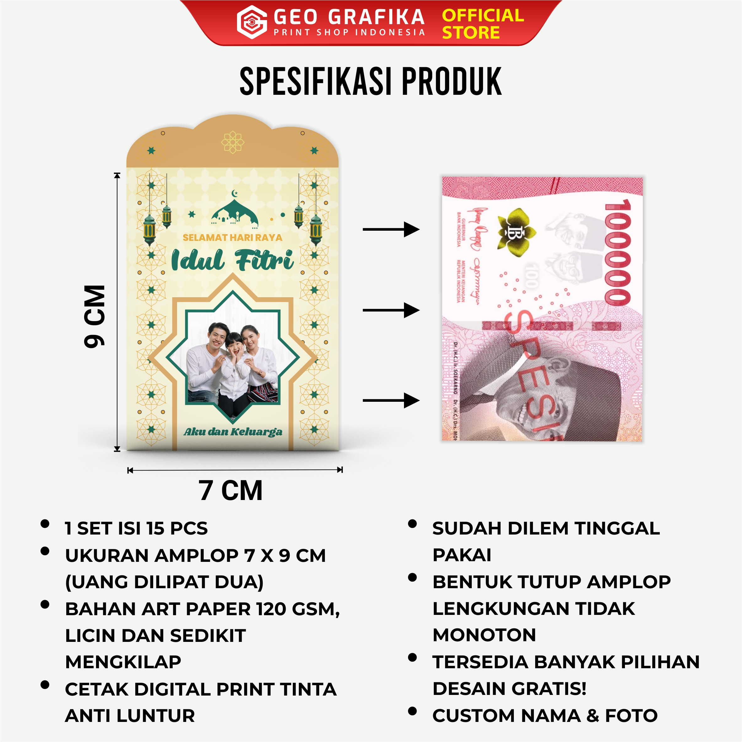 Amplop Angpau Lebaran Custom Nama & Foto Uang DiLipat Dua (Isi 15 pcs)