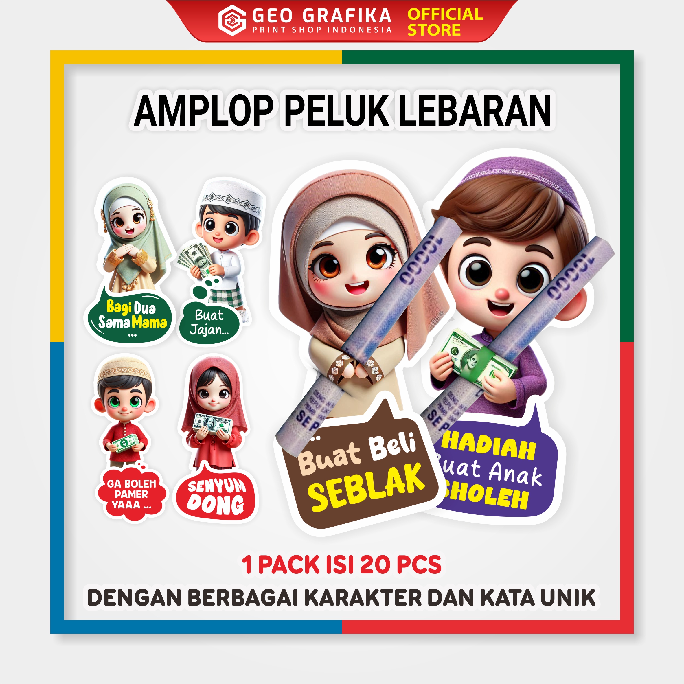 Amplop Lebaran Unik Karakter Anak Islami Lucu 1 Pack Isi 20 Pcs - Geo Grafika