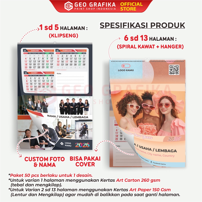 50 Pcs Cetak Kalender Dinding 2026 Custom - Geo Grafika