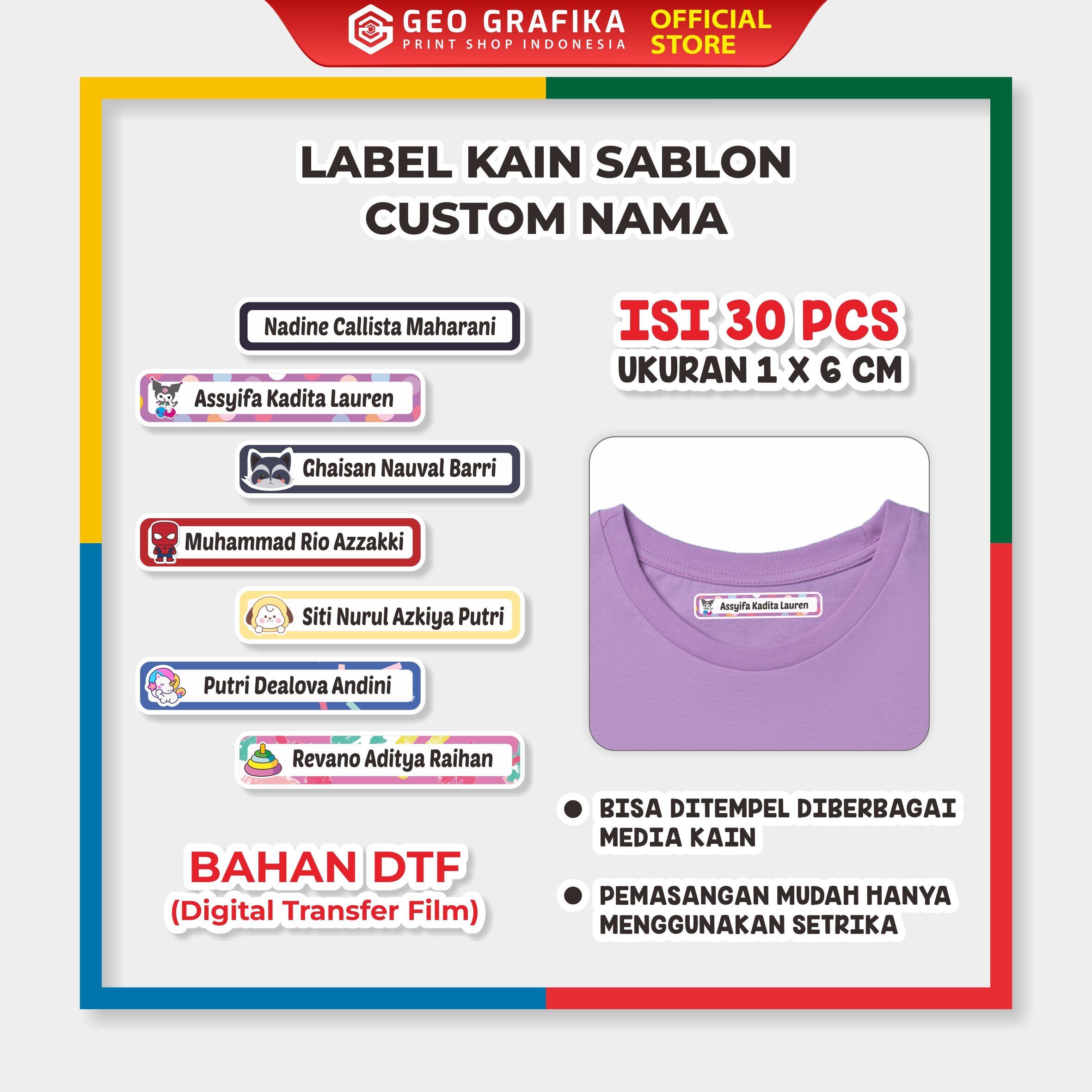Label Kain Sablon DTF Custom Nama Isi 30 Pcs - Geo Grafika