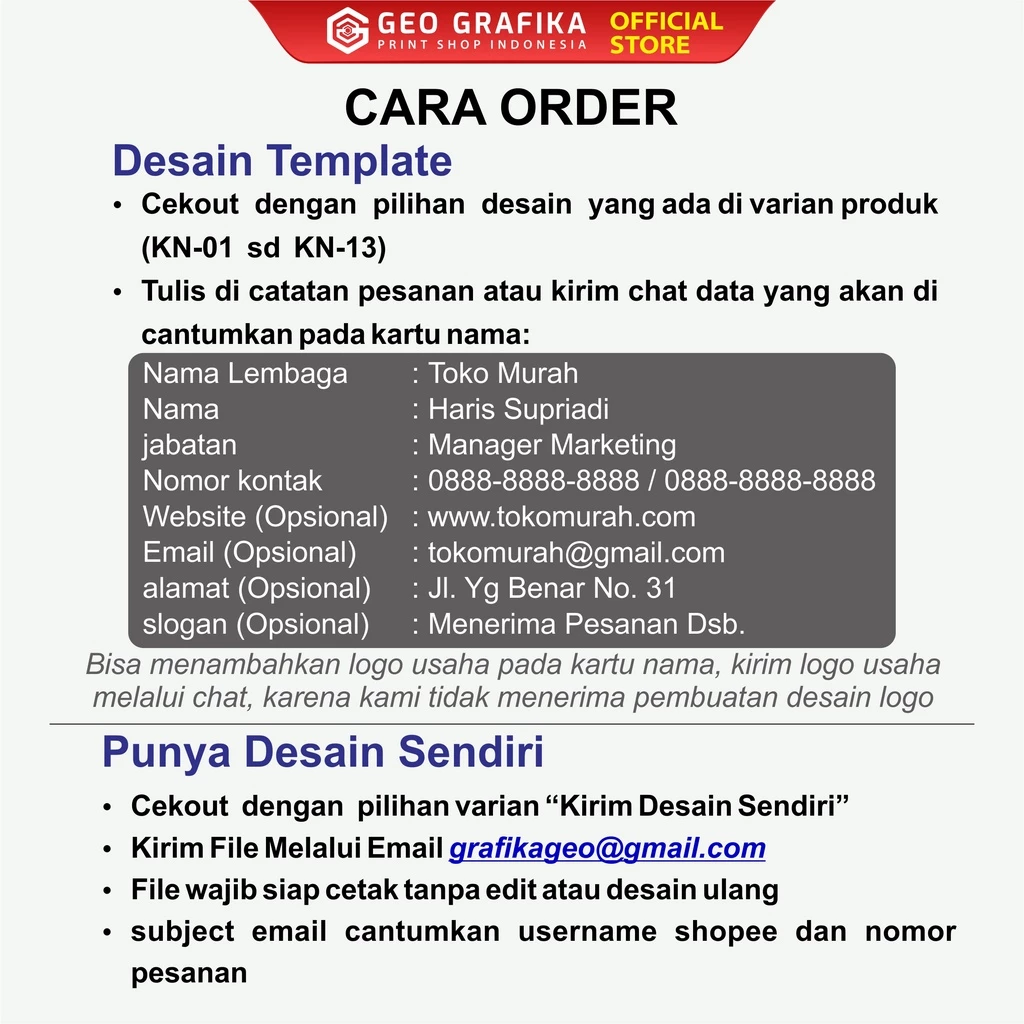 Kartu Nama 1 Box Isi 100 Pcs Free Box - Geo Grafika