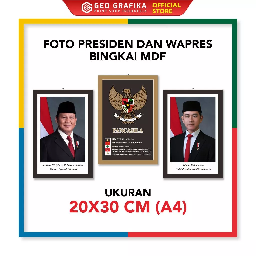FOTO PRESIDEN DAN WAKIL PRESIDEN + BINGKAI MDF UKURAN 20X30 CM (A4)