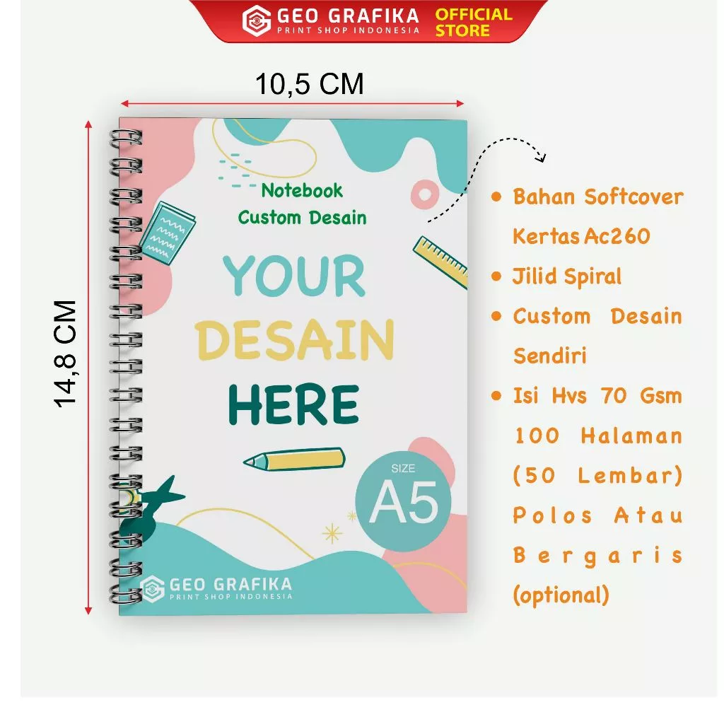 Notebook Block Note A6 Jilid Spiral 100 halaman Custom Desain - Geo Grafika