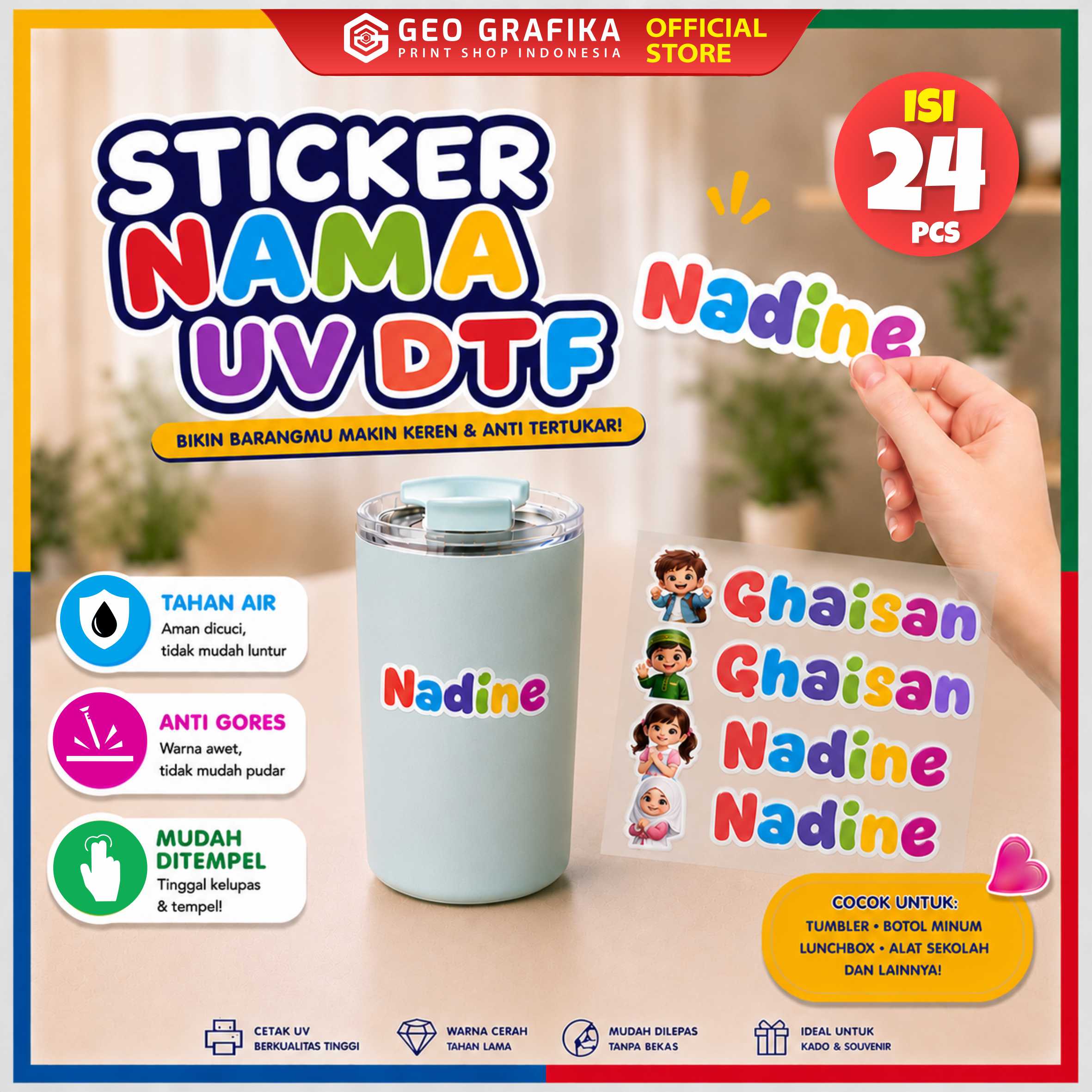 Stiker Nama UV DTF Custom Nama Anak Isi 24 PCS | Waterproof Anti Gores - Geo Grafika