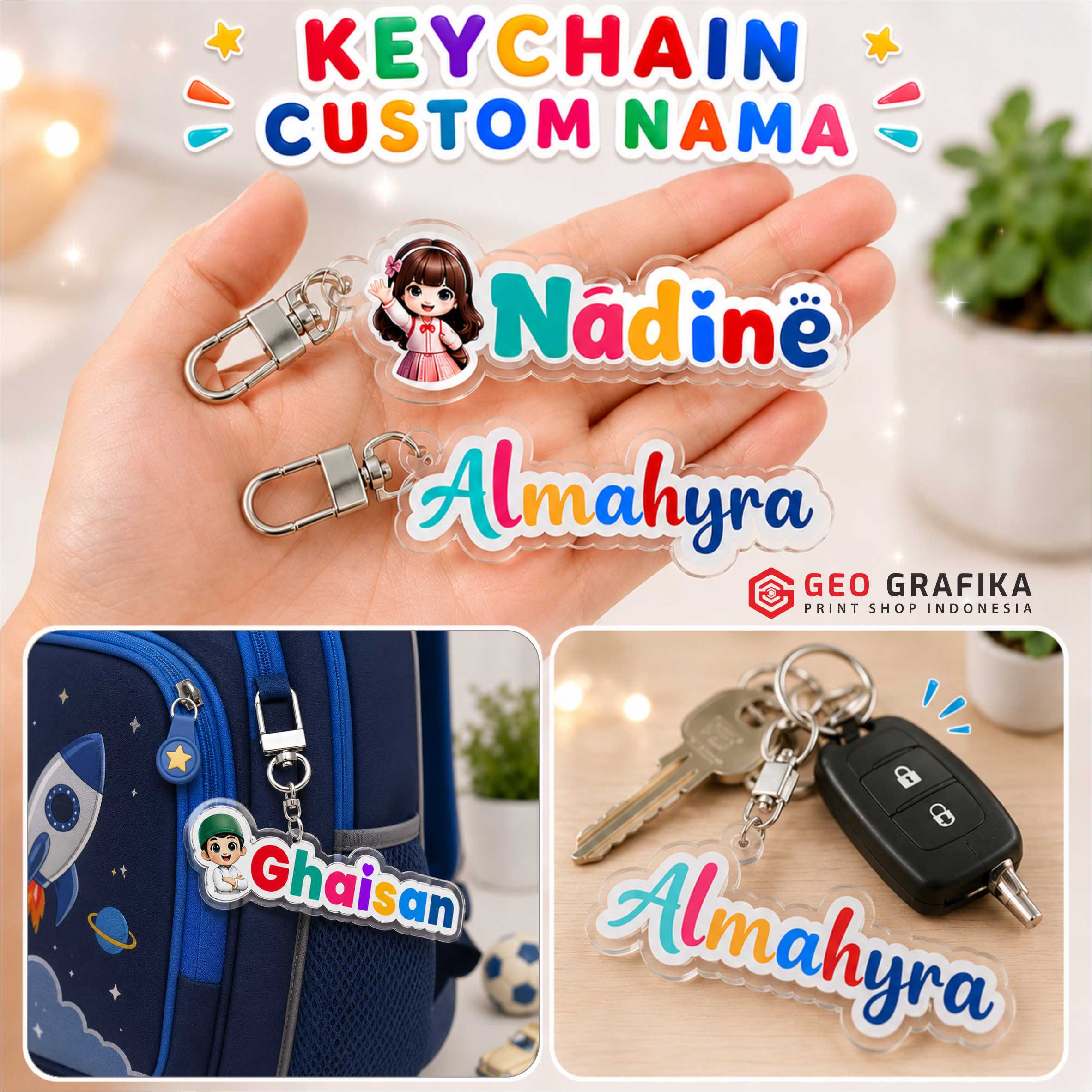 Keychain Custom Nama Gantungan Kunci Akrilik Print UV Motif Full Color - Geo Grafika
