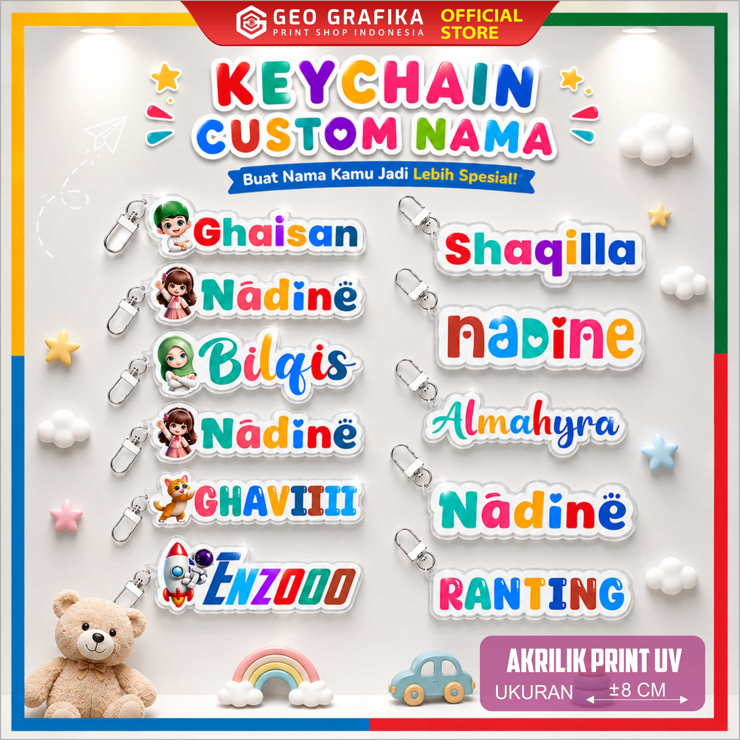Keychain Custom Nama Gantungan Kunci Akrilik Print UV Motif Full Color - Geo Grafika