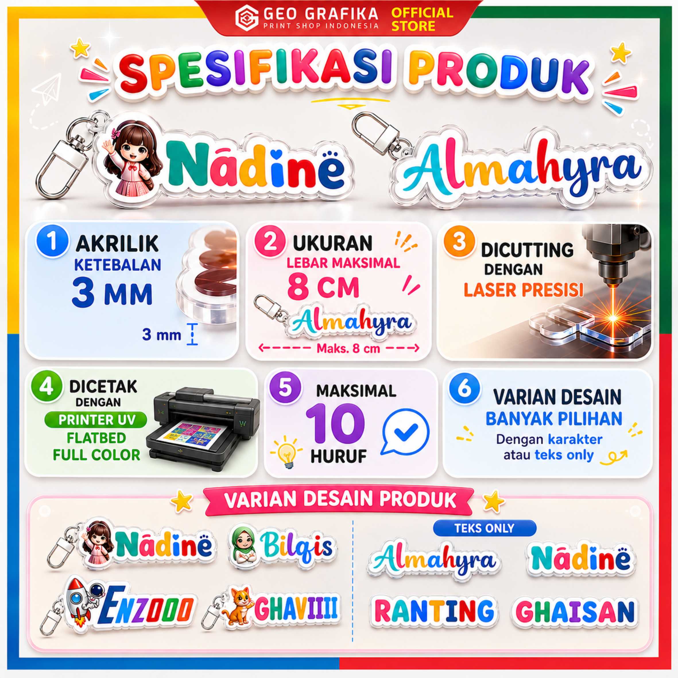 Keychain Custom Nama Gantungan Kunci Akrilik Print UV Motif Full Color - Geo Grafika