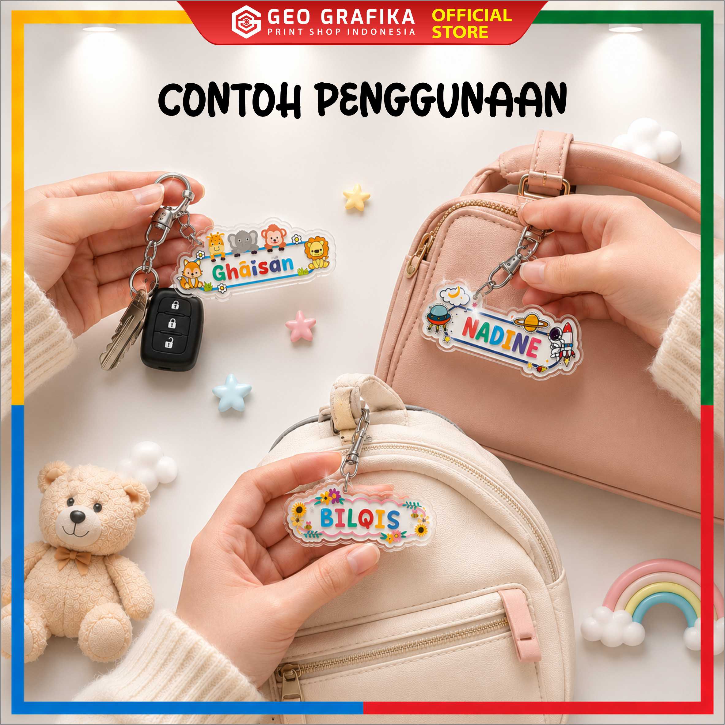 Keychain Custom Nama Anak Gantungan Kunci Akrilik Print UV Motif Full Color - Geo Grafika