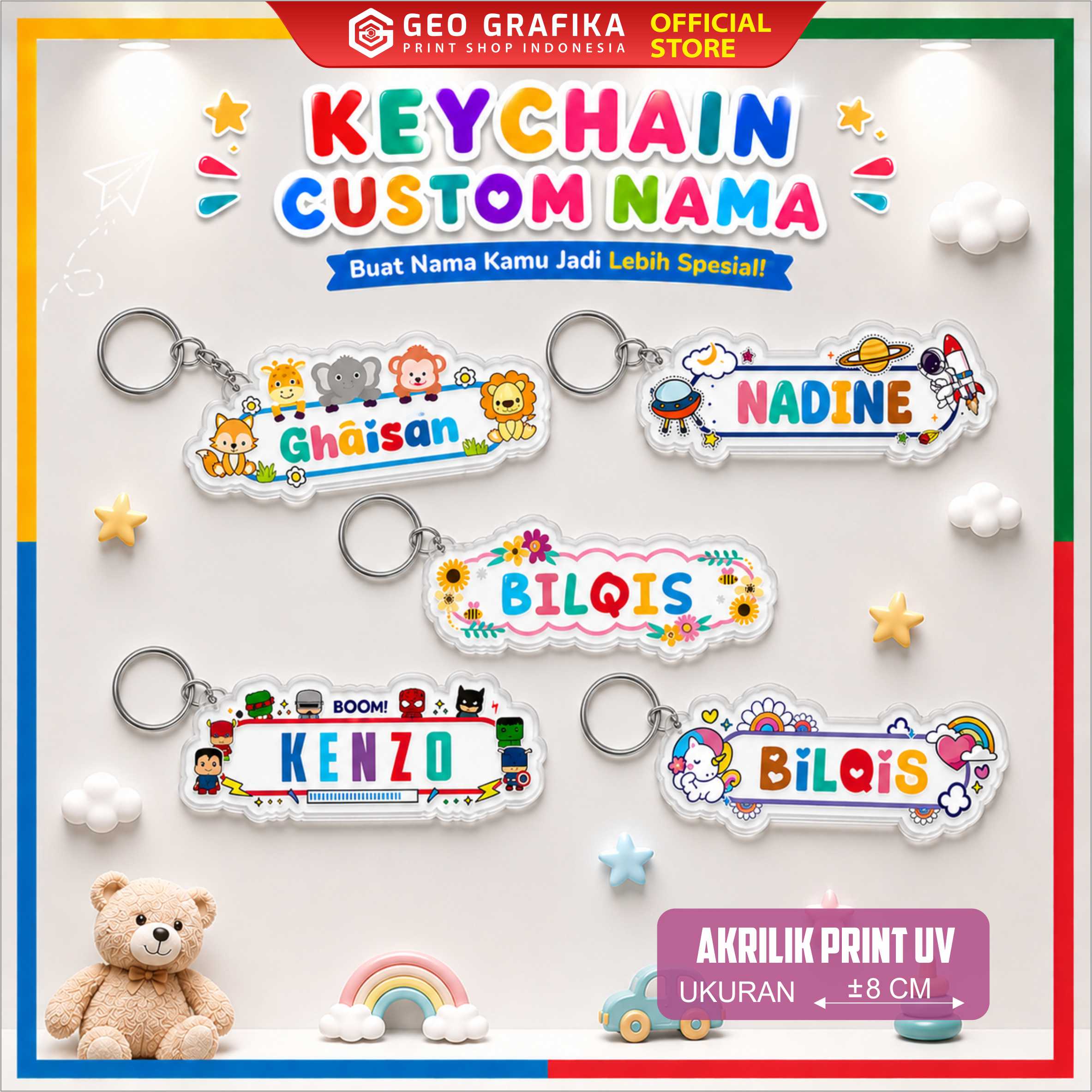 Keychain Custom Nama Anak Gantungan Kunci Akrilik Print UV Motif Full Color - Geo Grafika