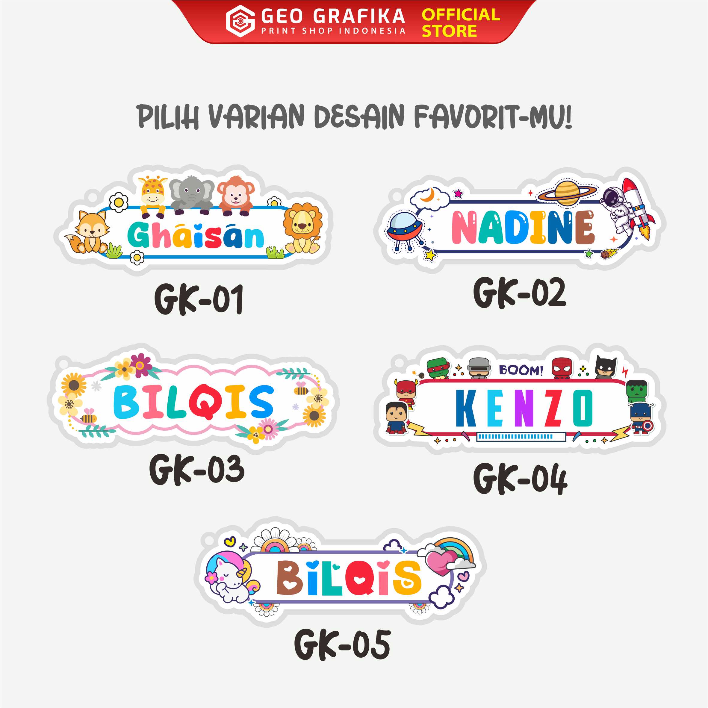 Keychain Custom Nama Anak Gantungan Kunci Akrilik Print UV Motif Full Color - Geo Grafika