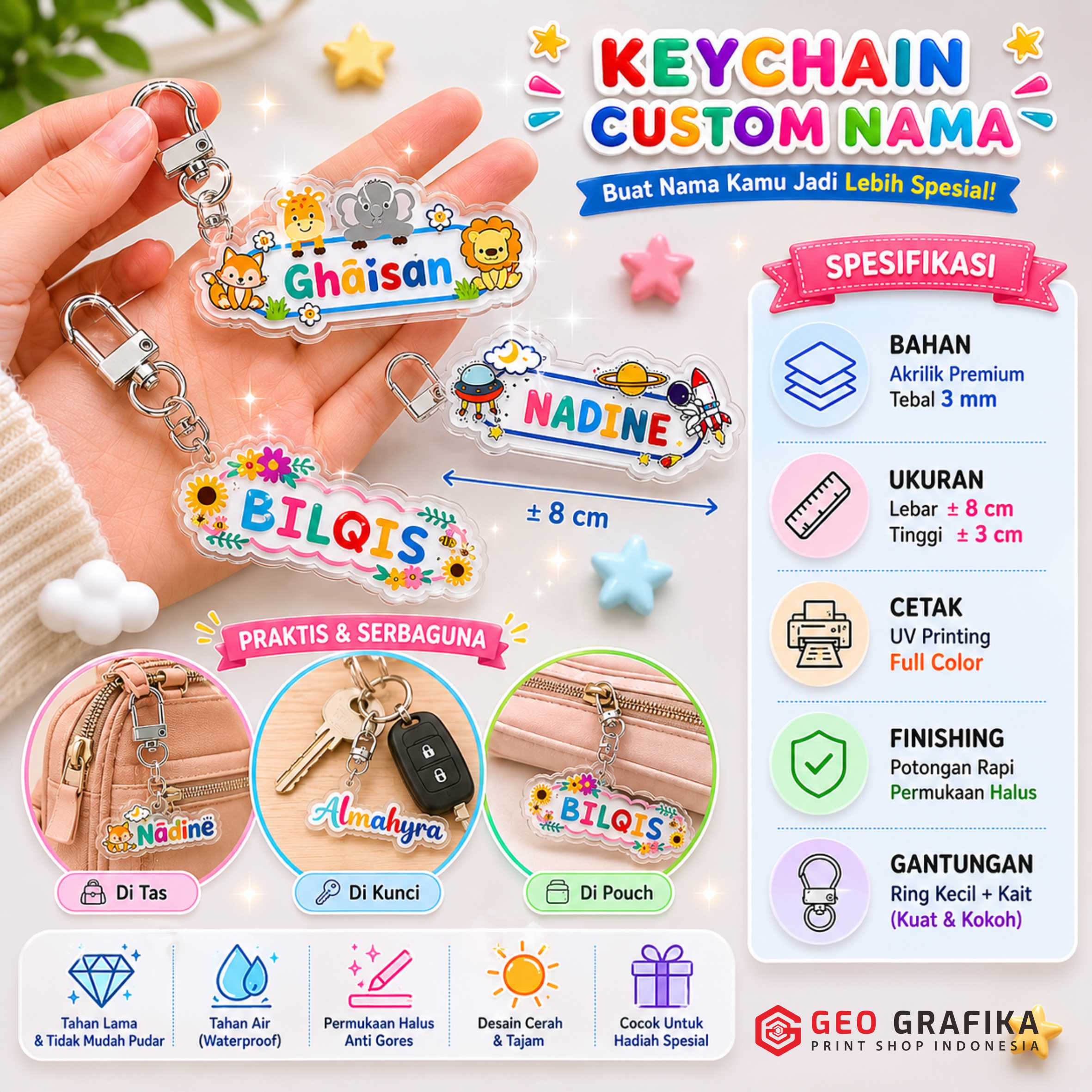 Keychain Custom Nama Anak Gantungan Kunci Akrilik Print UV Motif Full Color - Geo Grafika